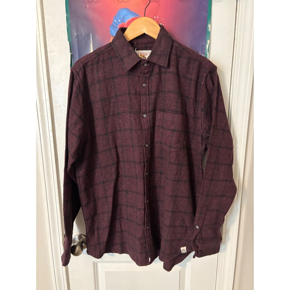 Free Planet Mens XL Flannel Shirt Burgundy Black Plaid Long Sleeve Button Down